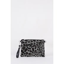 Vivaq Kadın Leopar Gümüş Taşlı Süet Bilek Askılı Ve Zincir Askılı Portföy El Ve Clutch Çanta SİYAH