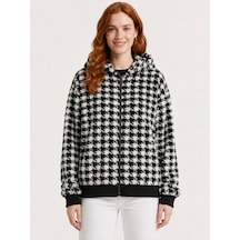 Neden Tekstil Kadın Kazayağı Desenli Kapüşonlu Fermuarlı Sweatshirt Ceket - Siyah