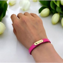 Archin Nazlı İsmine Özel 14 Ayar Altın Plakalı Doğal Pembe Derili Kelebek Figürlü Hediye Bileklik-651isim Nazlı