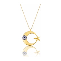 Çekirdekjewelry 925 Ayar Gümüş Ay Yıldız Kolye Nazar Boncuk Taşlı, Parlak Gold Kaplama Sarı