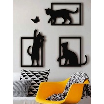 Oyunbaz Kediler 3'lü Dekoratif Duvar Tablosu - Modern Kedi Figürlü Duvar Dekoru