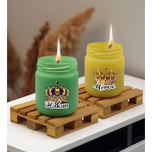 Bk Gift Kişiye Özel Dtf Kral Ve Kraliçe Tacı 2 Li Yeşil Ve Sarı Renkli Cam Kavanozda Kokulu Mum-1, Arkadaşa Hediye, Sevgiliye Hediye