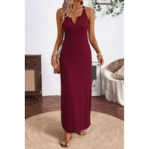 Butik İstanbul Kadın Askılı V Yakalı Yandan Yırtmaçlı Uzun Viskon Elbise Bordo