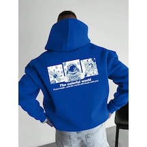 Erkek Baskılı Kapüşonlu Cepli Hoodie 3 İplik Pamuklu Sweatshirt - Saks Mavisi