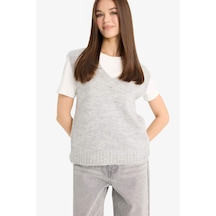 DeFacto Regular Fit V Yaka Basic Düz Triko Süveter F4635AX25SMGR211 Gri