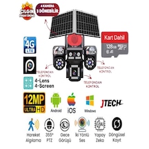 Jtech Jt-s446 3mp+3mp+3mp+3mp 12mp Aov E-sim 4g 2xsolar Panelli 4 Kameralı 3 Ptz Akıllı Kamera + 128gb Sd Kart