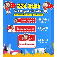 Türk Bayraklı Çocuklar Okul Kreş Kişiye Özel İsim Etiket Seti - Model 482 Çok Renkli