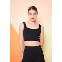 Thiff Gymwear Kahverengi Fitilli Kare Yaka Esnek Örme Crop Büstiyer Atlet Siyah