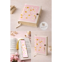 Kitap Kılıfı Ve Metal Kitap Ayracı Seti Pembe Papatya