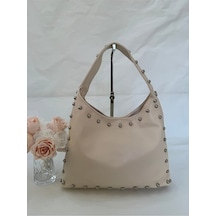 Lovelystore Metal Detaylı Kadın Omuz Çantası Şık Deri Görünümlü Orta Boy Taşlı 30x26x9 Bej