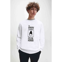 I'M Hungry Baskılı Beyaz Erkek Örme Sweatshirt
