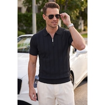 Rizzup Erkek Fermuarlı Polo Yaka Çizgi Dokulu Siyah Triko Tişört Regular Fit Yumuşak Dokulu 2608007