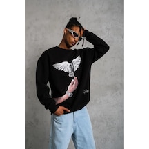 Erkek Güvercin Baskılı 3 İplik Bisiklet Yaka İpamuklu Sweatshirt - Siyah