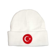 Salarticaret Beyaz Bere Türk Bayraklı Kışlık Akrilik Bere