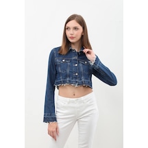 Kadın Püsküllü Crop Jean Ceket mavi
