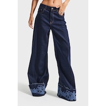 Itsbasic Kadın İndigo Mavi Renk 7w5-50 Palazzo Fit Viskon Kumaş Çiçek Nakışlı Özel Tasarım Denim Jean