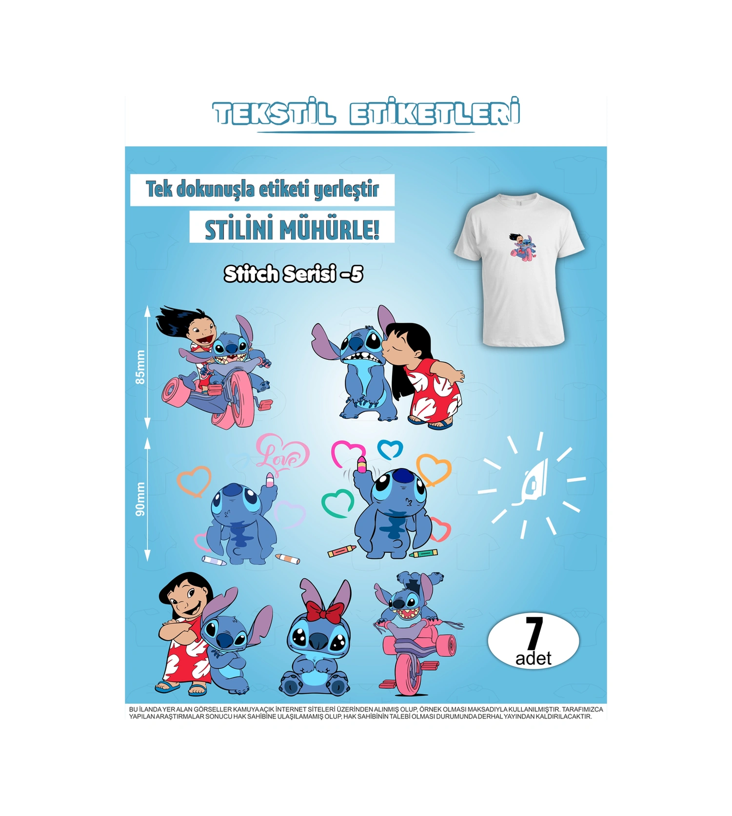 Ütü İle Yapışan Kıyafet Etiketi Stitch Serisi -5 7li Set Karışık