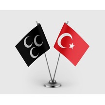 Siyah Üç Hilal Ve Türk Bayrağı İkili Saten Masa Bayrağı Takımı Diğer