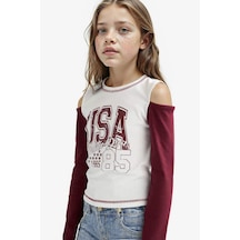 Defacto Kız Çocuk Okula Dönüş Slim Fit Dar Kesim Bisiklet Yaka Slogan Baskılı Ribana Uzun Kollu Tişört F7582a825auer105 Ekru