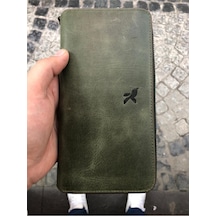 Karalı Deri Unisex Koyu Yeşil  Hakiki Deri Telefon Bölmeli Kartlıklı Cüzdan El Portföyü Yeşil