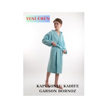 Pamuklu Kapüşonlu Genç Garson Boy Unisex Cepli Bukle Kadife Bornoz Turkuaz