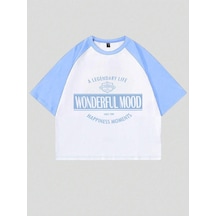 Wonderful Mood Süprem Crop T-shirt - Beyaz Bebe Mavi Baskılı Oversize Bisiklet Yaka Tişört Beyaz Bebemavi
