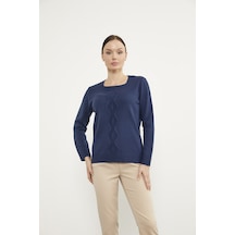 Sementa Önü Örgü Detaylı Triko Basic Kazak - Lacivert 001