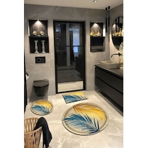 Hardal Mavi, Kaymaz, Pamuk Dokuma Taban Banyo Halısı-100X100 - 60X60 - 40X60 Cm (3'Lü Set) Çok Renkli