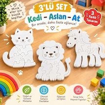 3 Lü Hayvan Figürlü Eğitici Yapboz Seti Kedi, Aslan Ve At