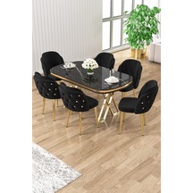 Canisa Zae Serisi 90x168 Lak Panel Siyah Mermer Desen Gold Ayak Masa Takımı 6 Siyah Sandalye Sonata Masa Siyah Sandalye Ayaklar Gold