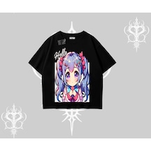 Tarzsokak Oversize Tshirt Hello Anime Kız Sevimli Karakter Baskılı Siyah