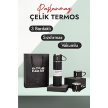Paslanmaz Çelik Termos Siyah Renk 3 Bardaklı Termos Seti Vakumlu Termos Set Çanta Hediyeli Siyah