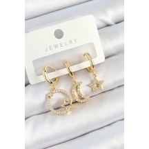 Pirinç Zirkon Taşlı Yıldız Ve Ay Model Gold Renk 3'lü Kadın Küpe Set Çok Renkli
