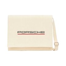 Porsche Text Red Krem Kanvas Postacı Çantası