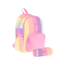 Kaukko Çizgili Pembe Çok Renkli Kız Çocuk Okul Çantası Ve Kalemlik Seti Kk - K1802+kk - K2713 Pembe - Çok Renkli