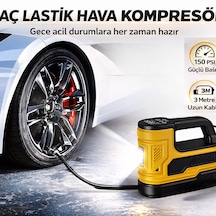 Araç Lastik Hava Kompresörü 150 Psı 12v Çakmaklık Girişli Taşınabilir Dijital Göstergeli Led Işıklı Hava Pompası Sarı
