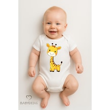 Babyden's %100 Pamuklu Sevimli Hayvan Figürlü Bebek Body Unisex Çıtçıtlı Kısa Kollu Zıbın Zürafa Beyaz