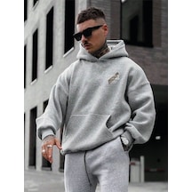 Charlie Luciano Tasarım Kışlık Sweatshirt - Gri Baskılı Oversize Şardonlu Kapüşonlu Gri