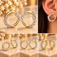 Modern Yuvarlak Taşlı Çelik Küpe Gold