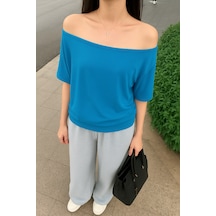 Koyu Mavi Kadın Düşük Omuz Kayık Yaka Oversize T-shirt Çok Renkli