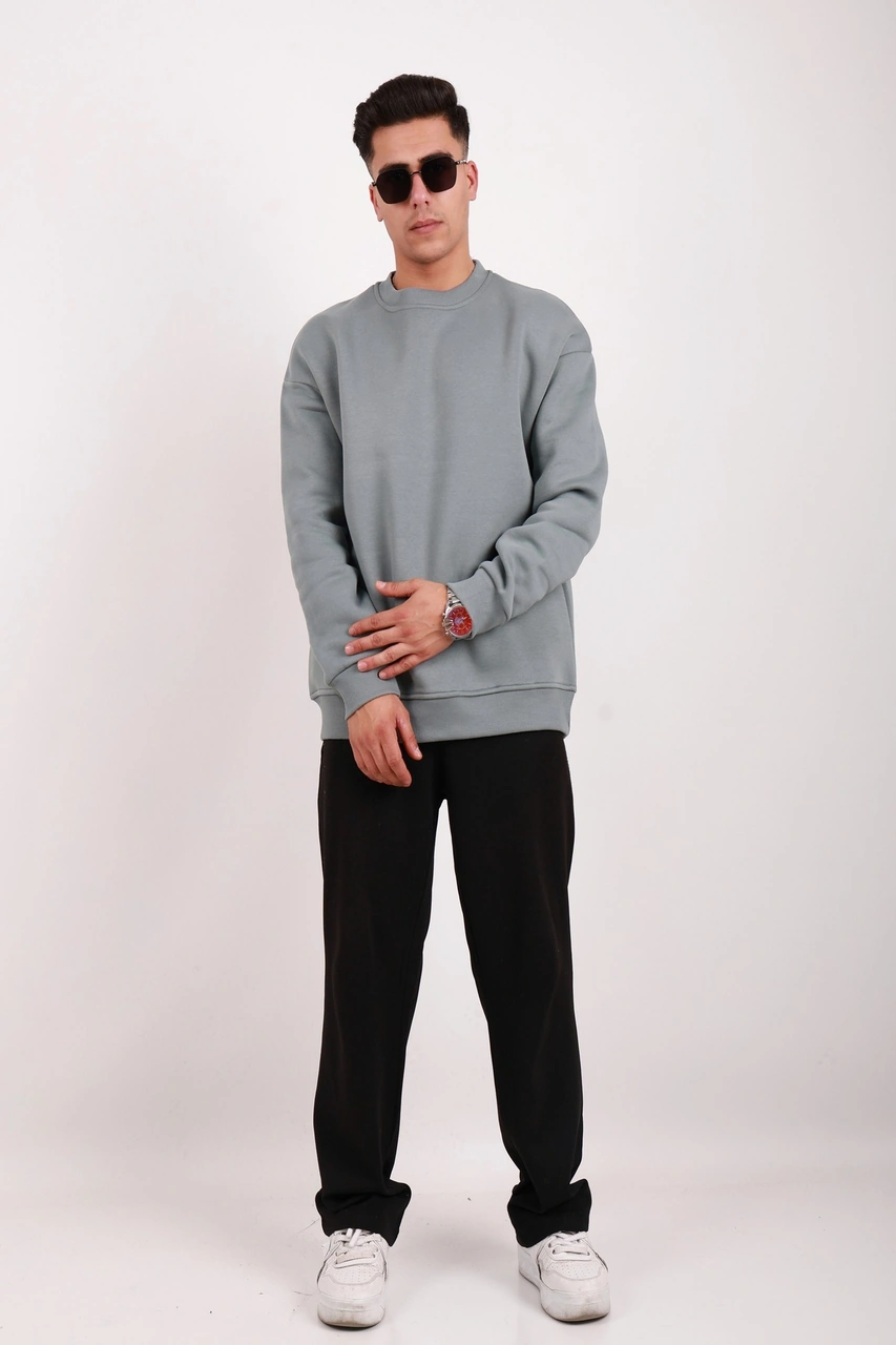 Erkek Standart Fit Bol Kesim %100 Pamuklu Içi Şardonlu 3 Iplik Bisiklet Yaka Sweatshirt Küf Yeşili