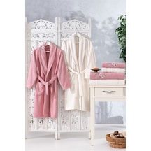 Family Nakışlı Pudra & Krem Aile Bornoz Seti 6 Parça Çeyizlik Kad Krem - Pudra