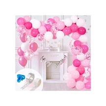 Zincir Balon Seti Pembe - Beyaz / Konfetili 130 Adet Balon A