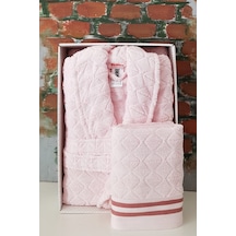 Pembe Squares Şal Yaka Bornoz + Baş Havlusu Set M Beden