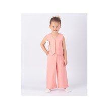 Nehirim Kids Kız Çocuk Pantolon Ve Kısa Kol Çiçek Detaylı Yelek 2 Li Yazlık Bayramlık Takım 2-3-4-5 Yaş Somon