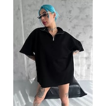Soonaksesuar Unisex Yarım Fermuarlı Basic T-shirt - Siyah SIYAH