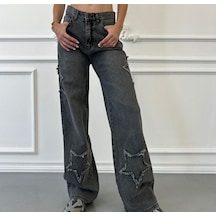 2424 Kadın Yıldız Detaylı Baggy Jeans Kot Denim Pantolon Gri