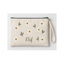 Kişiye Özel Papatya Deseni Baskılı Fermuarlı Makyaj Çantası Bozuk Para Cüzdanı Clutch