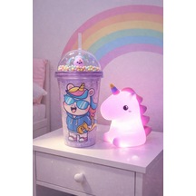 2 Li Set Işıklı Renkli Unicorn Figürlü Gece Lambası & Pipetli Boncuk Detaylı Suluk Bardak Mor 450 Ml Çok Renkli