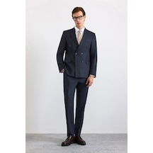 Süvari Lacivert Slim Kruvaze Yaka Düz Pike Torba Cep Yıkamalı 6 Drop Takım Elbise Tk1006900397-m09
